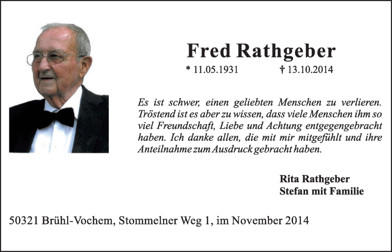  Traueranzeige für Fred Rathgeber vom 19.11.2014 aus  Schlossbote/Werbekurier 