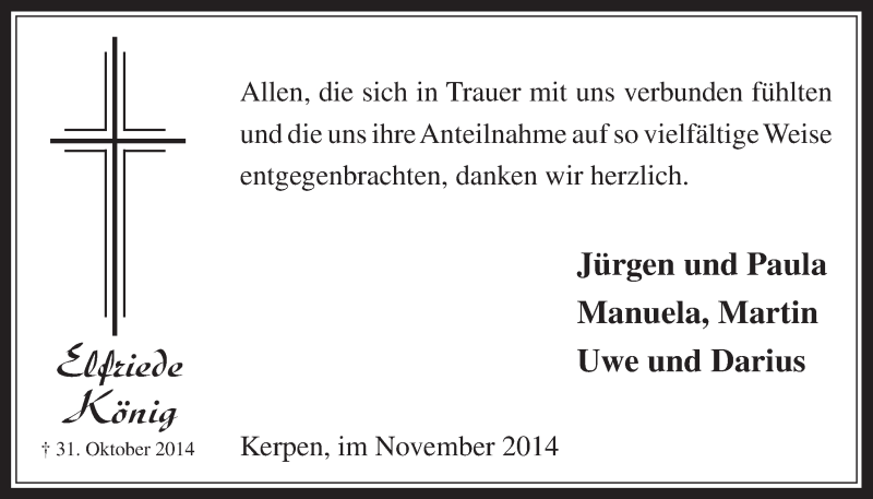  Traueranzeige für Elfriede König vom 19.11.2014 aus  Werbepost 