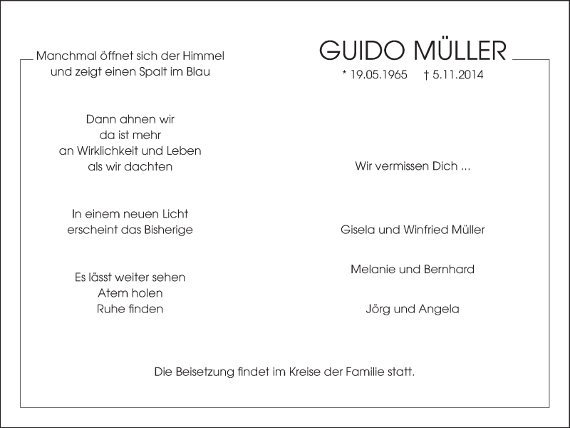  Traueranzeige für Guido Müller vom 19.11.2014 aus  Werbepost 
