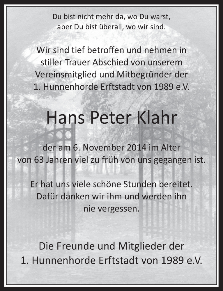  Traueranzeige für Hans Peter Klahr vom 19.11.2014 aus  Werbepost 