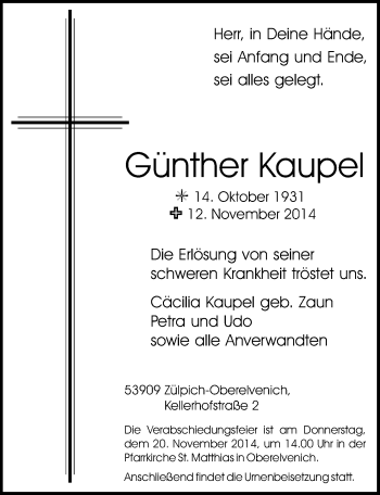 Anzeige von Günther Kaupel von  Blickpunkt Euskirchen 