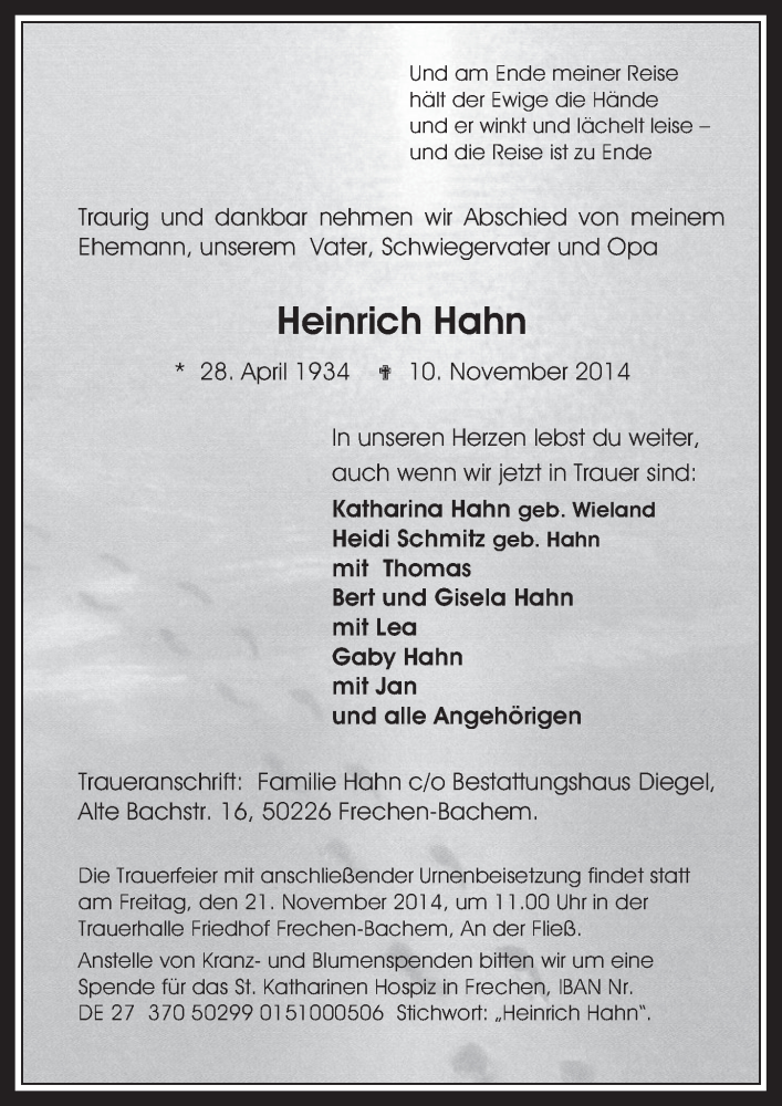  Traueranzeige für Heinrich Hahn vom 19.11.2014 aus  Wochenende 