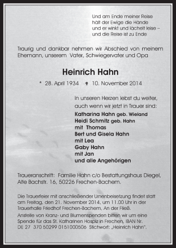 Anzeige von Heinrich Hahn von  Wochenende 