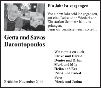 Anzeige von Gerta und Sawas Baroutopoulos von  Schlossbote/Werbekurier 