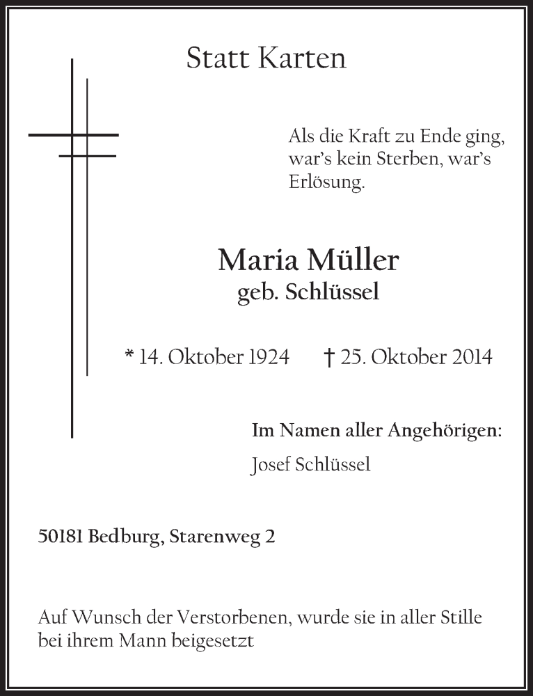  Traueranzeige für Maria Müller vom 19.11.2014 aus  Werbepost 
