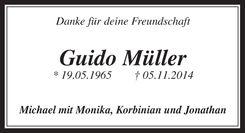  Traueranzeige für Guido Müller vom 19.11.2014 aus  Werbepost 