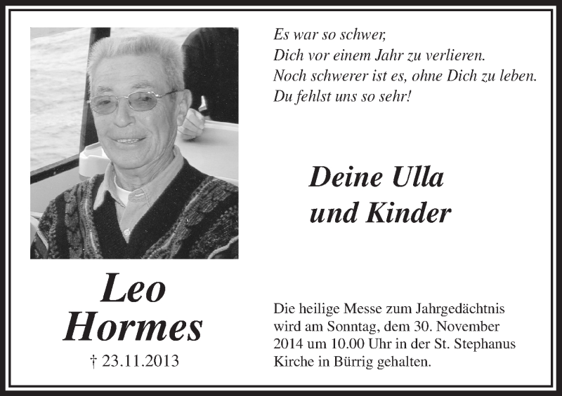  Traueranzeige für Leo Hormes vom 26.11.2014 aus  Lokale Informationen 