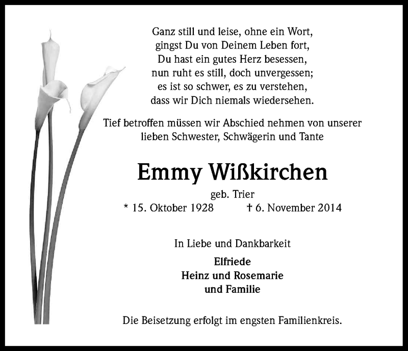  Traueranzeige für Emmy Wißkirchen vom 19.11.2014 aus  Kölner Wochenspiegel 