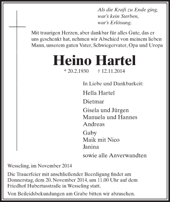 Anzeige von Heino Hartel von  Schlossbote/Werbekurier 