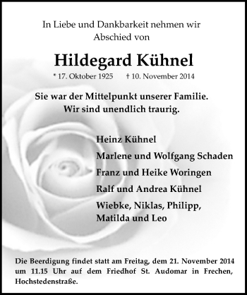 Anzeige von Hildegard Kühnel von  Wochenende 