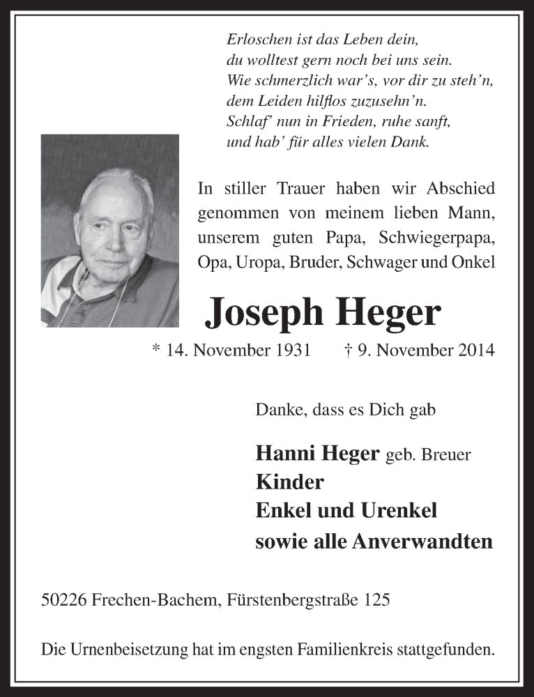  Traueranzeige für Joseph Heger vom 19.11.2014 aus  Wochenende 
