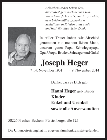Anzeige von Joseph Heger von  Wochenende 