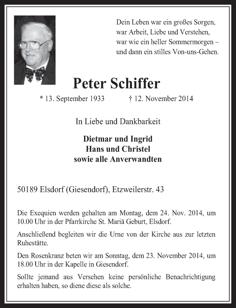  Traueranzeige für Peter Schiffer vom 19.11.2014 aus  Werbepost 