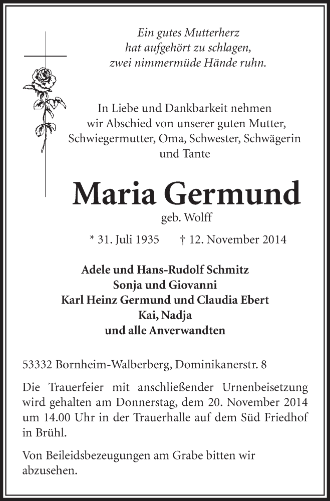  Traueranzeige für Maria Germund vom 19.11.2014 aus  Schlossbote/Werbekurier 