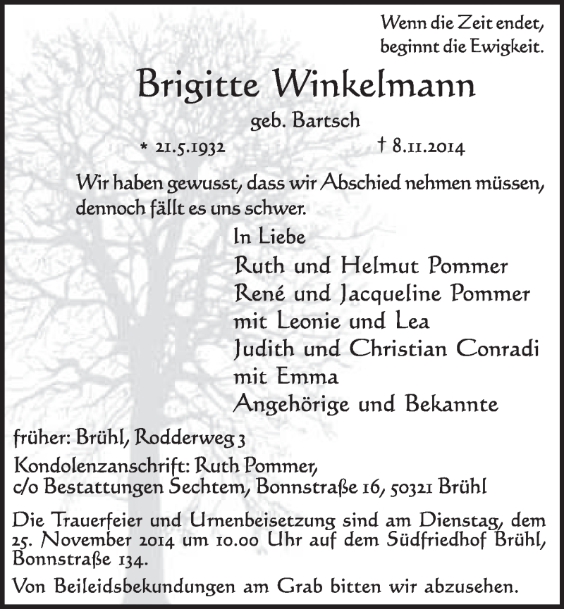  Traueranzeige für Brigitte Winkelmann vom 19.11.2014 aus  Schlossbote/Werbekurier 