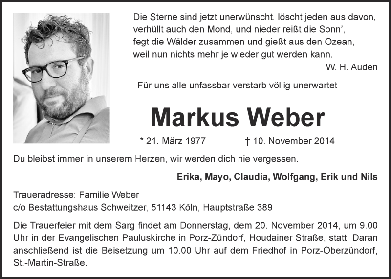  Traueranzeige für Markus Weber vom 19.11.2014 aus  Kölner Wochenspiegel 