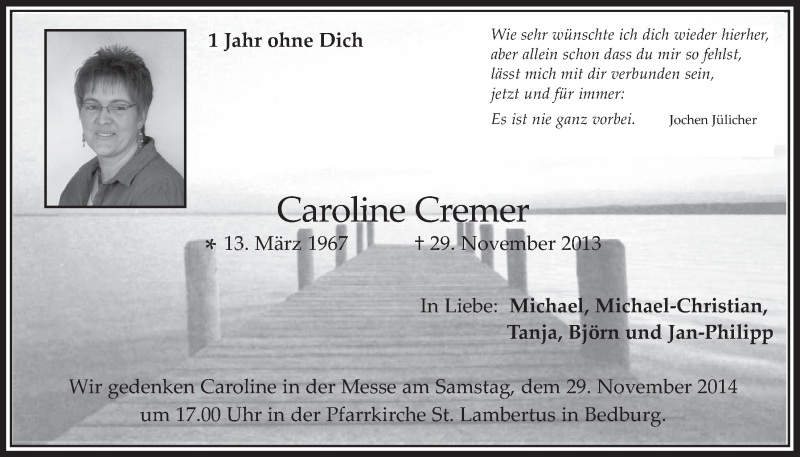  Traueranzeige für Caroline Cremer vom 26.11.2014 aus  Werbepost 