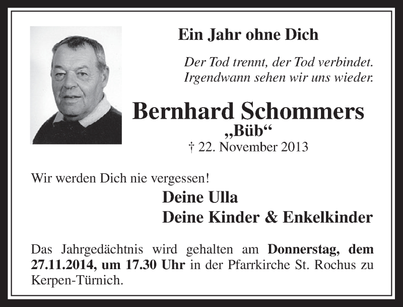  Traueranzeige für Bernhard Schommers vom 19.11.2014 aus  Werbepost 