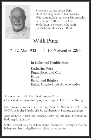 Anzeige von Willi Pütz von  Werbepost 
