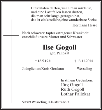 Anzeige von Ilse Gogoll von  Schlossbote/Werbekurier 
