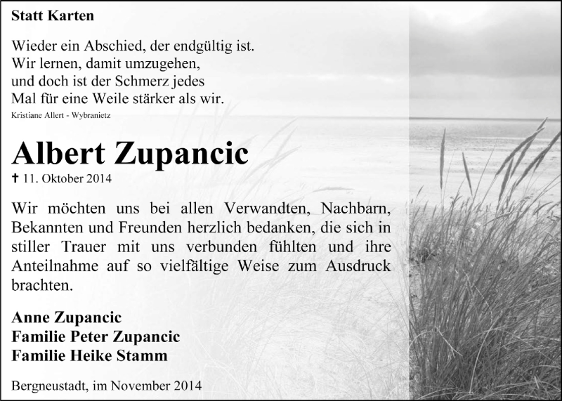  Traueranzeige für Albert Zupancic vom 19.11.2014 aus  Anzeigen Echo 