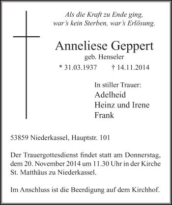 Anzeige von Anneliese Geppert von  Extra Blatt 