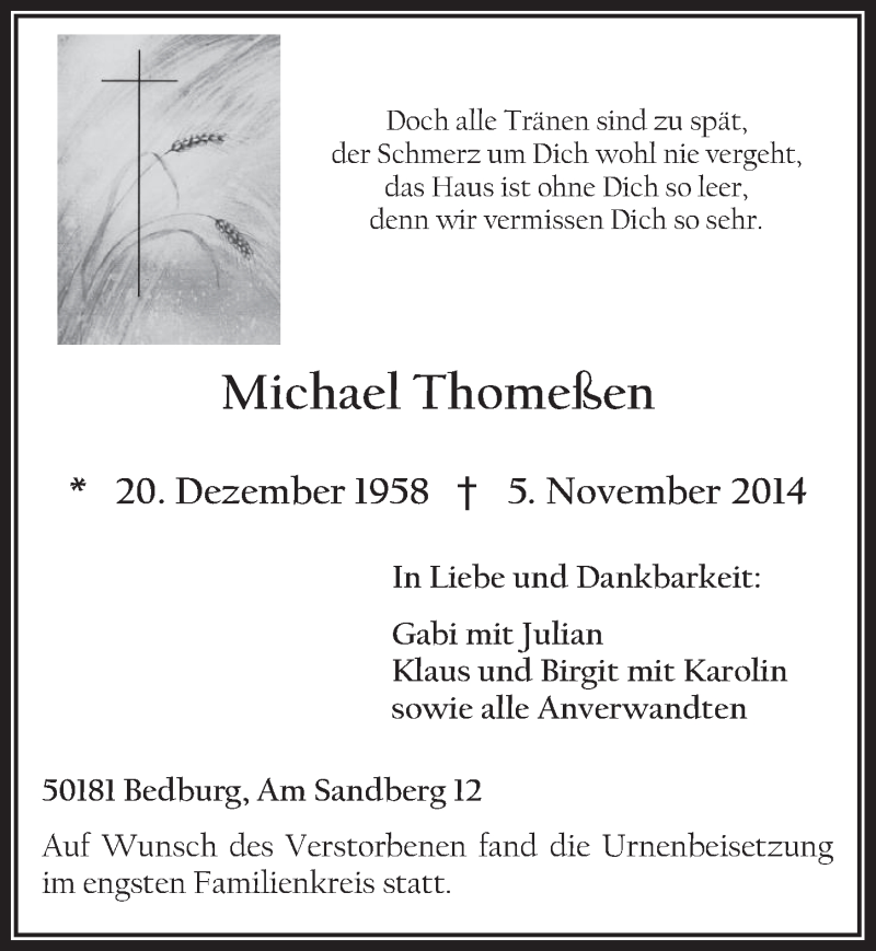  Traueranzeige für Michael Thomeßen vom 19.11.2014 aus  Werbepost 
