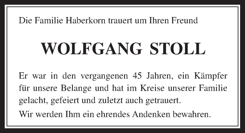  Traueranzeige für Wolfgang Stoll vom 19.11.2014 aus  Wochenende 
