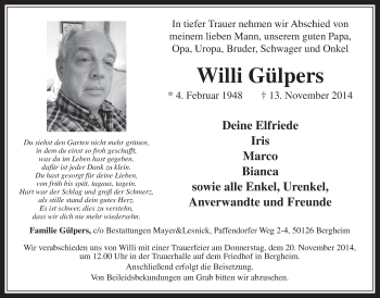 Anzeige von Willi Gülpers von  Werbepost 