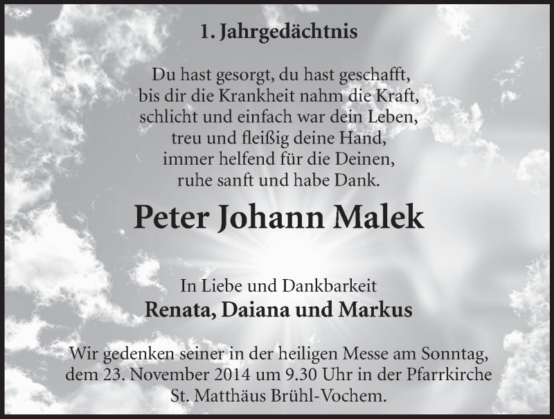  Traueranzeige für Peter Johann Malek vom 19.11.2014 aus  Schlossbote/Werbekurier 