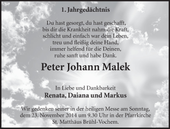 Anzeige von Peter Johann Malek von  Schlossbote/Werbekurier 