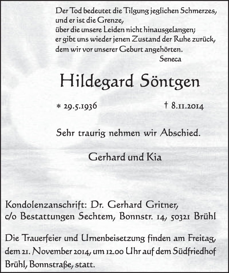  Traueranzeige für Hildegard Söntgen vom 19.11.2014 aus  Schlossbote/Werbekurier 