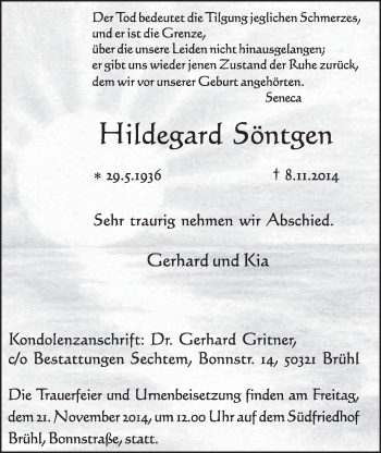 Anzeige von Hildegard Söntgen von  Schlossbote/Werbekurier 