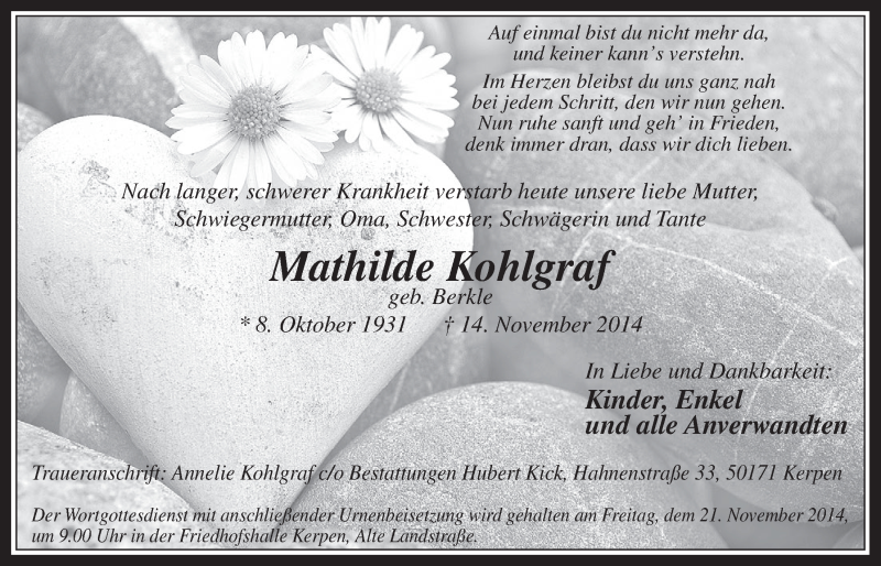  Traueranzeige für Mathilde Kohlgraf vom 19.11.2014 aus  Werbepost 