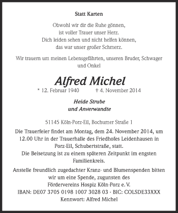 Anzeige von Alfred Michel von  Kölner Wochenspiegel 