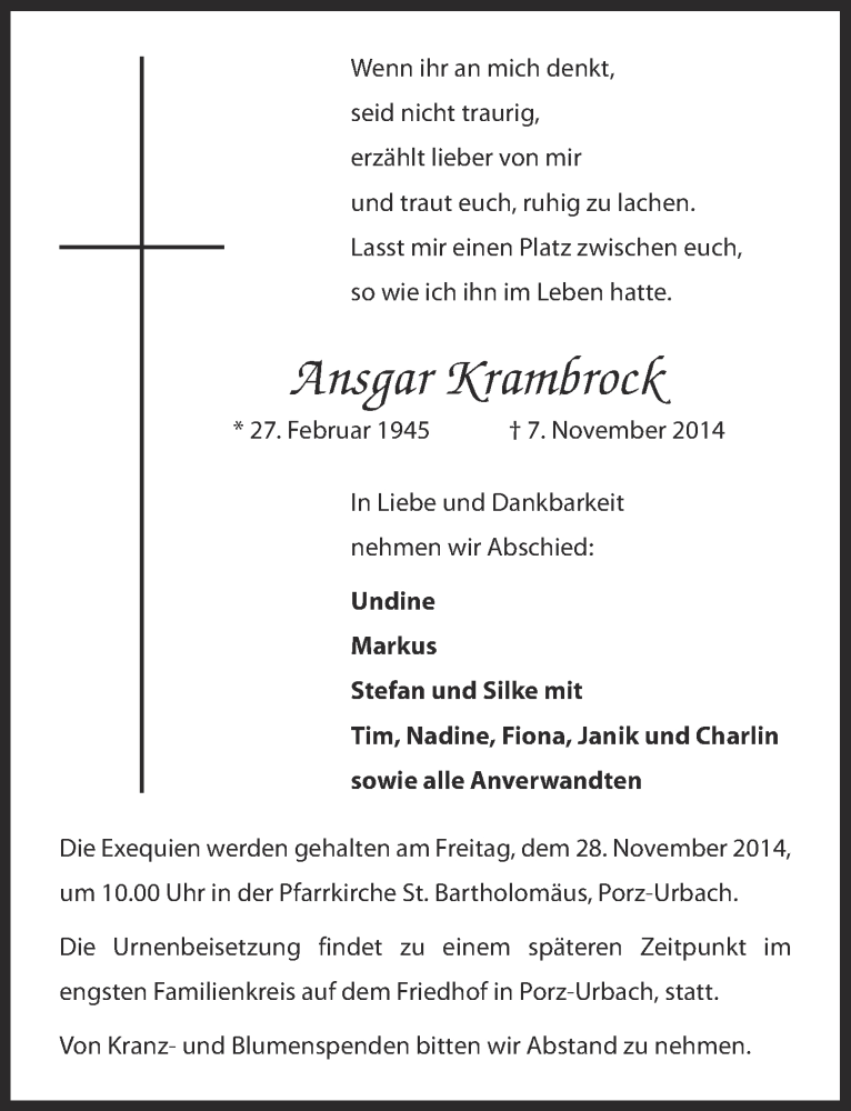  Traueranzeige für Ansgar Krambrock vom 19.11.2014 aus  Kölner Wochenspiegel 