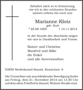 Anzeige von Marianne Klotz von  Extra Blatt 