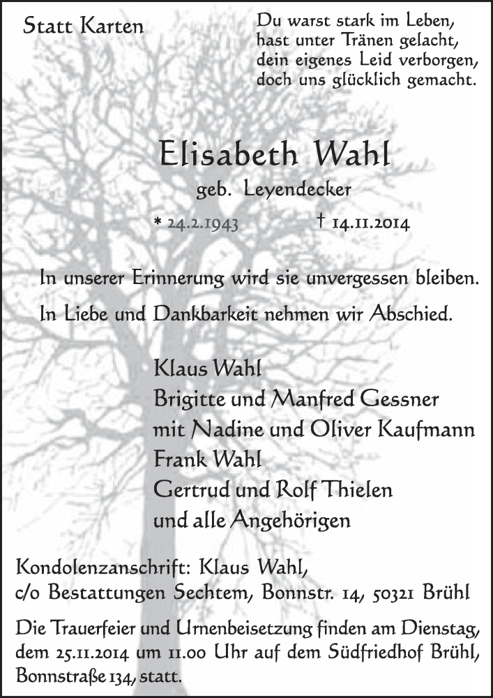  Traueranzeige für Elisabeth Wahl vom 19.11.2014 aus  Schlossbote/Werbekurier 