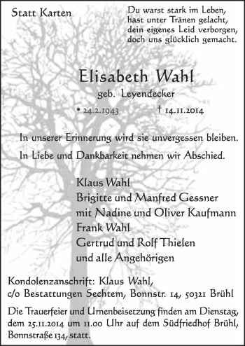 Anzeige von Elisabeth Wahl von  Schlossbote/Werbekurier 