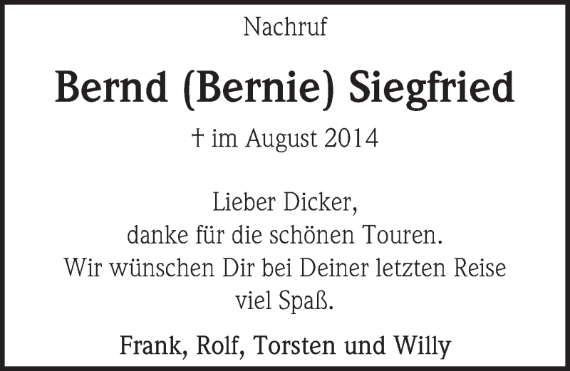  Traueranzeige für Bernd Siegfried vom 19.11.2014 aus  Kölner Wochenspiegel 