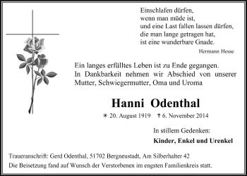Anzeige von Hanni Odenthal von  Anzeigen Echo 