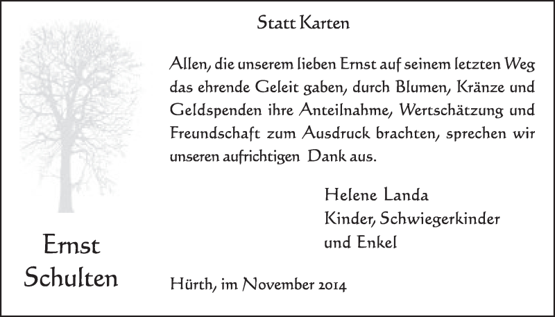  Traueranzeige für Ernst Schulten vom 19.11.2014 aus  Schlossbote/Werbekurier 