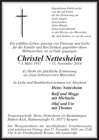 Anzeige von Christel Nettesheim von  Werbepost 