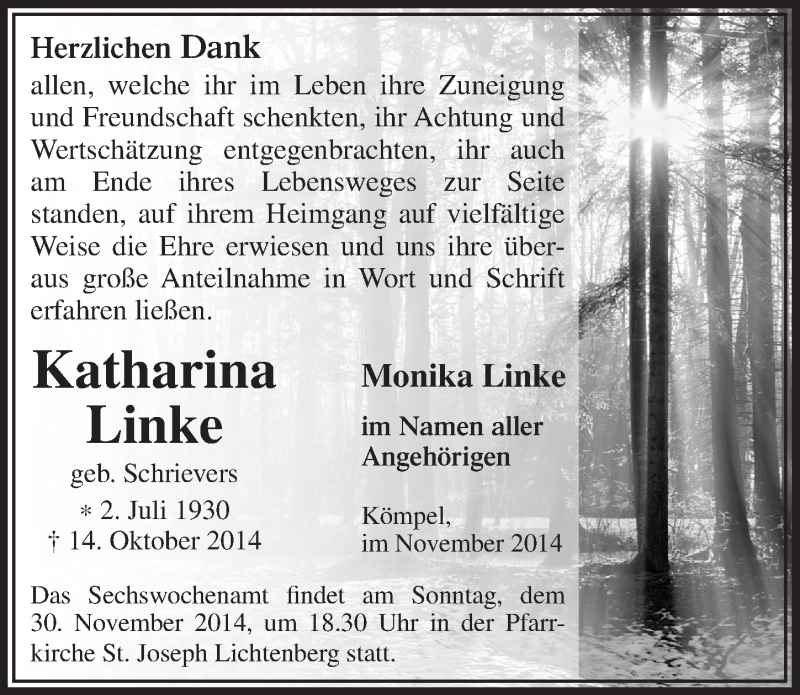  Traueranzeige für Katharina Linke vom 26.11.2014 aus  Lokalanzeiger 