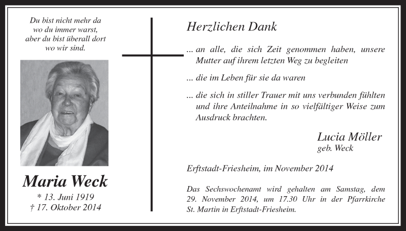  Traueranzeige für Maria Weck vom 19.11.2014 aus  Werbepost 