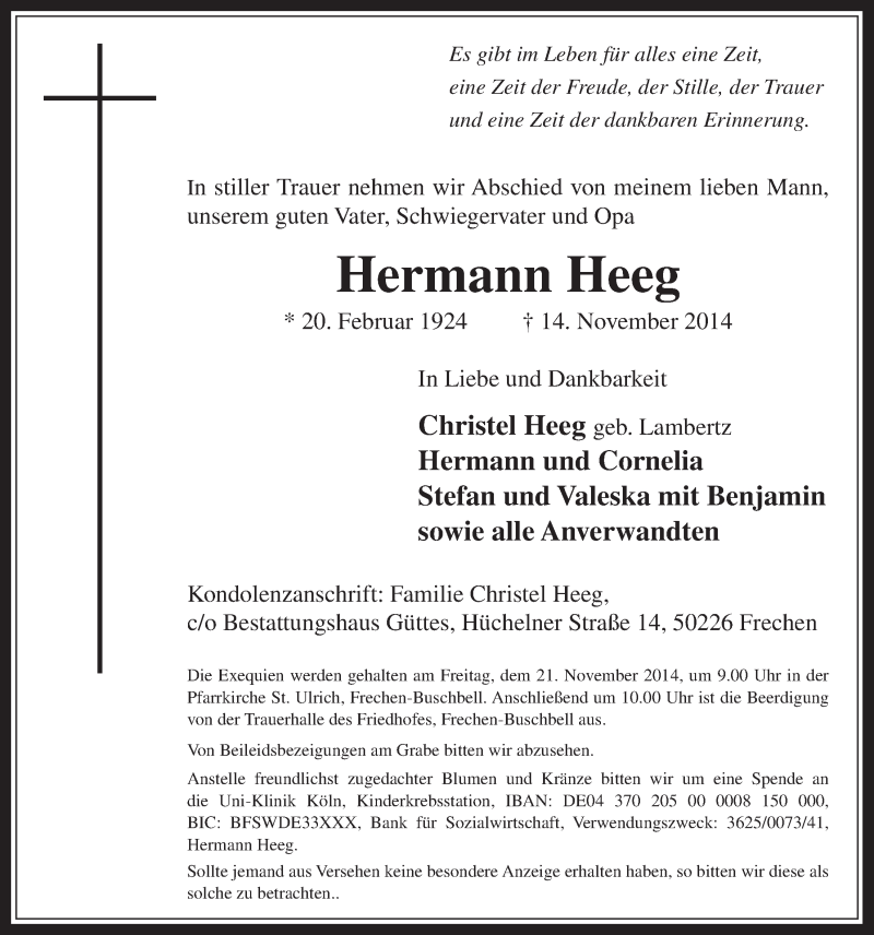  Traueranzeige für Hermann Heeg vom 19.11.2014 aus  Wochenende 