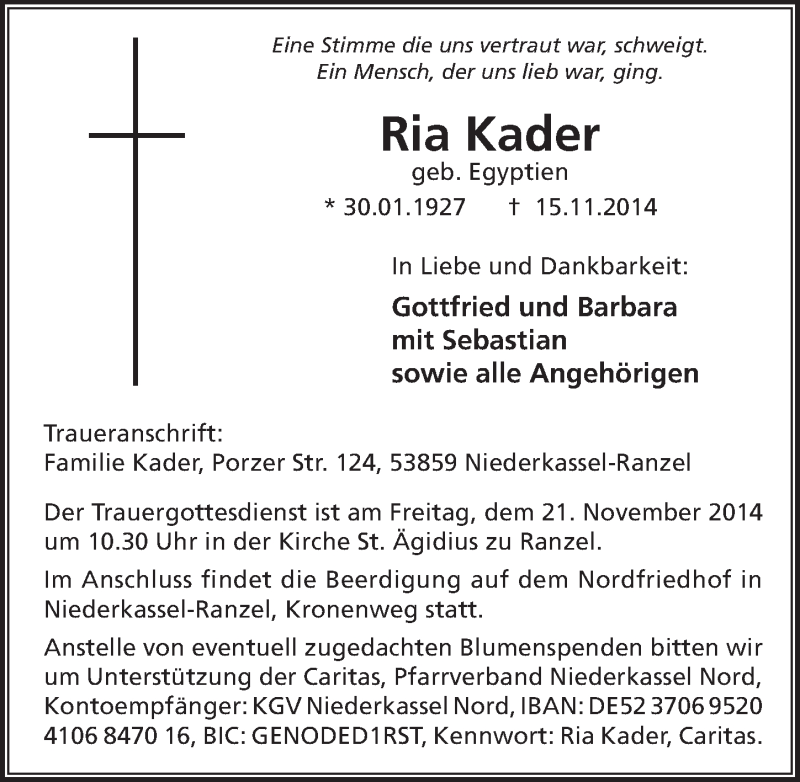  Traueranzeige für Ria Kader vom 19.11.2014 aus  Extra Blatt 