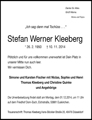 Anzeige von Stefan Werner Kleeberg von  Blickpunkt Euskirchen 