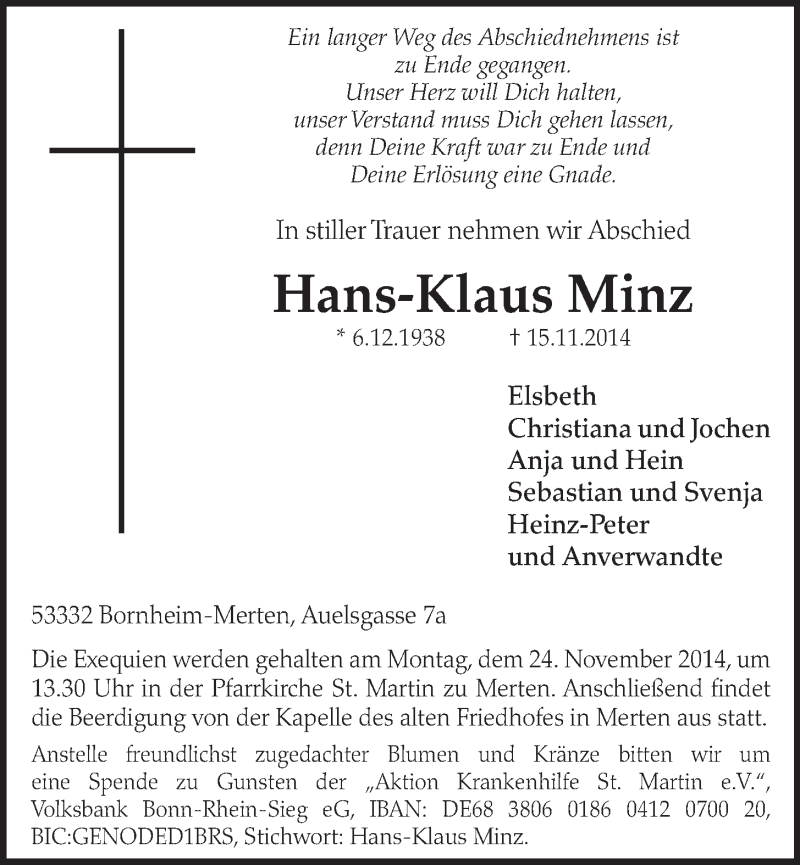  Traueranzeige für Hans-Klaus Minz vom 19.11.2014 aus  Schlossbote/Werbekurier 