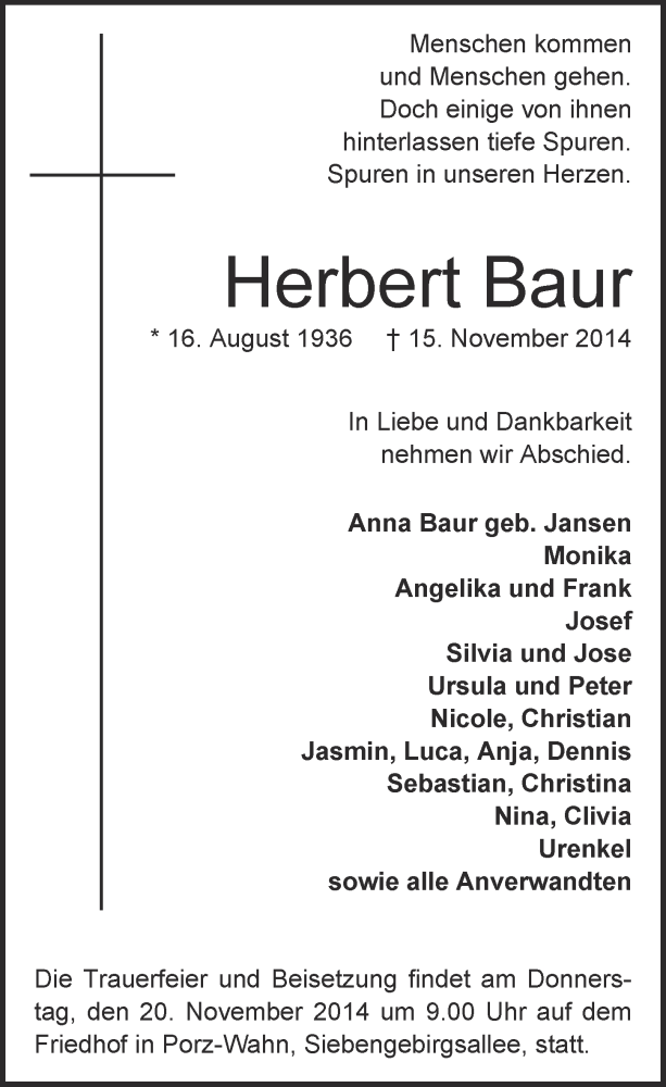  Traueranzeige für Herbert Baur vom 19.11.2014 aus  Kölner Wochenspiegel 